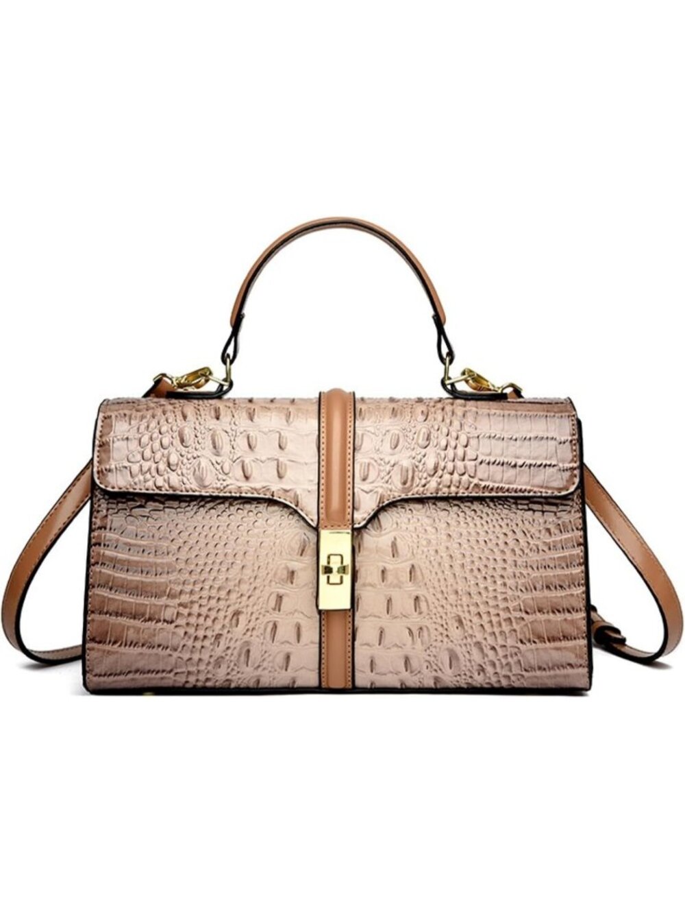 Women's Khaki Patent Faux Leather Satchel Crocodile Zipper Shoulder Bag